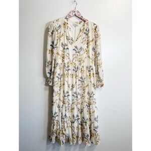 POLAGRAM Cream Floral Long Sleeve Midi Dress Women’s Medium M